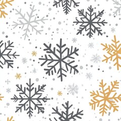 A festive pattern featuring snowflakes in gray, silver, and gold on a white background.