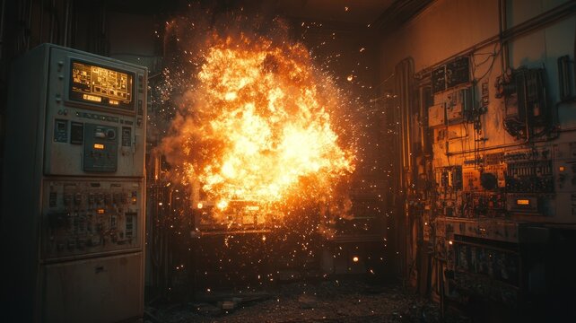 Explosion in a control room with machinery.
