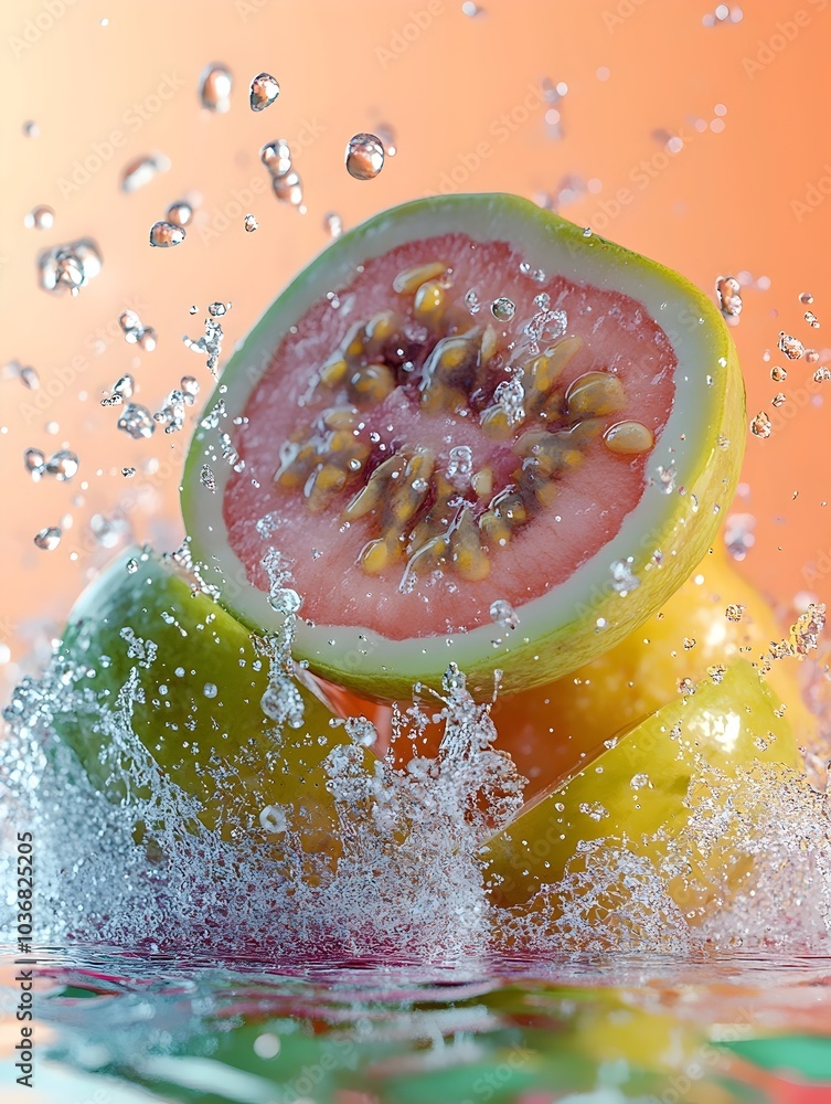 Poster vibrant and fresh, a sliced guava splashes amidst colorful apples, creating a lively scene with drop
