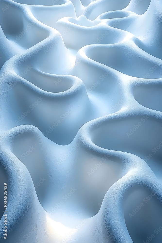 Poster an abstract close-up of smooth, undulating white forms that create a serene and airy atmosphere, evo