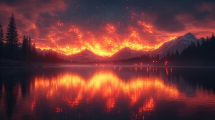 Fiery sunset over a serene lake and mountains.