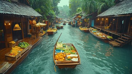 Obraz premium Floating market with boats selling fresh produce.