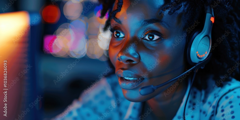 Poster female consultant using crm to assist clients during a late-night support shift, equipped with a hea