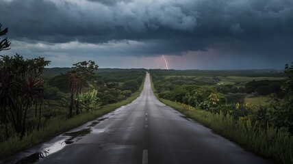 A long, winding road leads to a stormy sky filled with dark clouds and distant lightning, flanked by lush greenery. The wet ground has puddles, creating a gloomy and ominous atmosphere