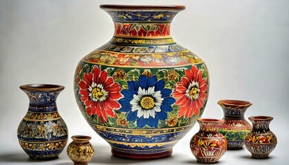 A stunning arrangement of traditional handmade crafts displayed on a pure white background. In the center, a beautifully painted ceramic vase featuring intricate patterns in bold colors—reds, blues, a