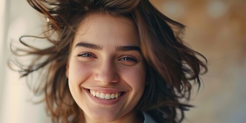 Fototapeta premium Portrait of a joyful woman using a hair straightener for a salon treatment, showcasing a healthy hairstyle and a cheerful expression against a backdrop