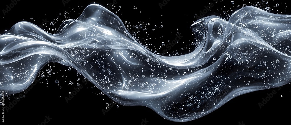 Poster an elegant wave of clear water with bubbles, creating a sense of fluidity and movement against a bla