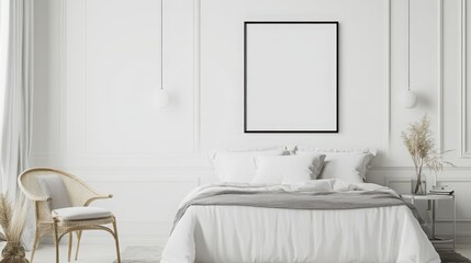 This elegant mockup poster frame enhances the beauty of a luxury white bedroom, featuring contemporary furniture and a serene color palette for inspiration