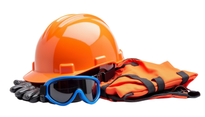Safety Equipment Including Hard Hat, Goggles, and Life Vest for Work.