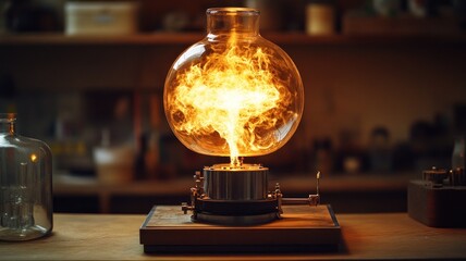 Glass flask emitting flames in a lab setting.