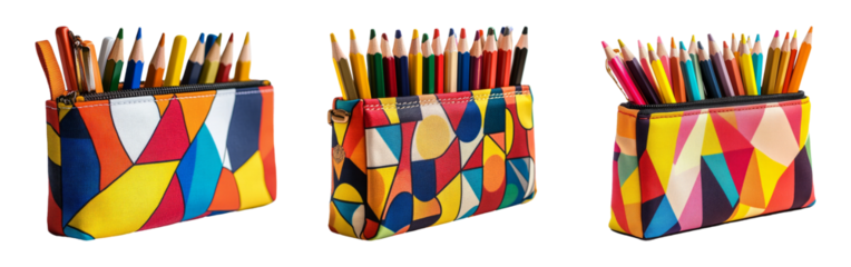 Colorful Pencil Cases on Transparent Background
