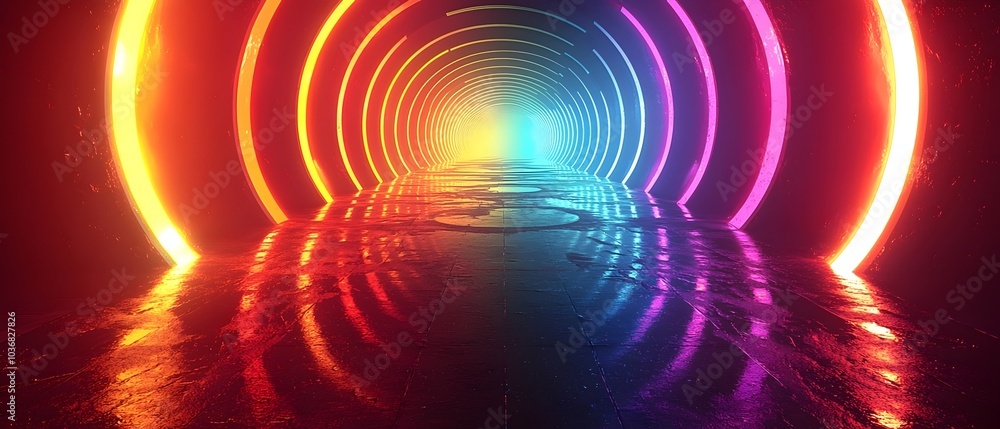 Poster a vibrant, illuminated tunnel with colorful neon lights in circular patterns creating a futuristic a