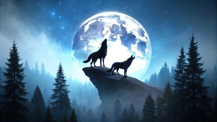 Wolves howling on rock in forest at night, minimalist background