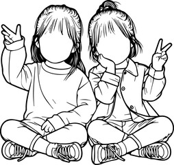 Black Line Art Cute Women Twin Fraternity Friendly Sitting Pose Hand Drawn Illustration