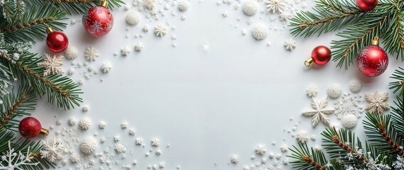 Festive celebrate christmas eve background concept. Banner of xmas decorate ball and snow flake, christmas tree, white colour scheme mock up template seasonal design