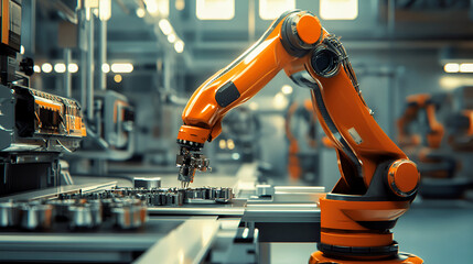 Advanced robotic arm assembling parts on an automated production line in a factory,