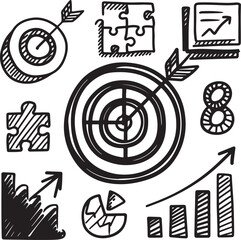 Doodle hand-drawn business office target, finance group work, career teamwork strategy. 