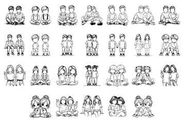 Fototapeta premium Bundle Black Line Art Cute Twin Fraternity Friendly Hand Drawn Illustration