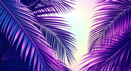 Obraz premium Tropical and palm leaves in neon holographic gradient shades. Summer party, travel, vacation, holiday. Retro stylish background with text space for banner, poster or invitation.