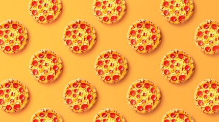 Pizza sausage slice flat bread mini food homemade seamless pattern on yellow background