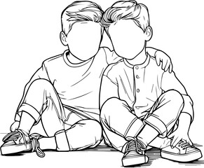 Black Line Art Cute Man Twin Fraternity Friendly Sitting Hand Drawn Illustration