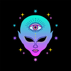  Alien face  with third eye in neon pink and blue tones, surrounded by stars, gradient colors, psychedelic concept.