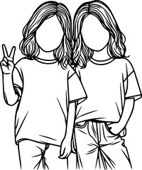 Black Line Art Cute Women Twin Fraternity Friendly Stand Pose Hand Drawn Illustration