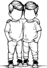 Black Line Art Cute Man Twin Fraternity Friendly Stand Hand Drawn Illustration