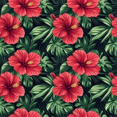 Bold hibiscus flowers with tropical foliage