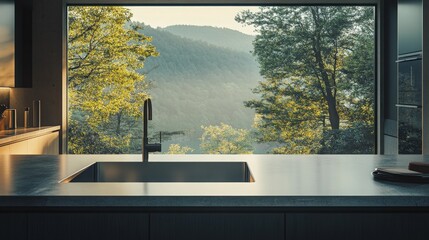 This image highlights a contemporary kitchen with a modern cabinet, a polished sink, and a large window framing a lovely view.