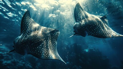 A trio of vibrant sea creatures, possibly stingrays or flying fish,