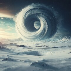 A surreal landscape featuring a swirling vortex above a snowy terrain.