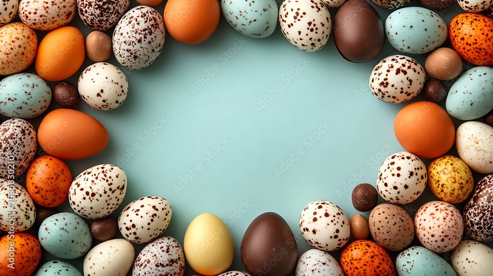 Poster colorful robin's eggs chocolate eggs create a whimsical easter frame from a topdown view leaving the