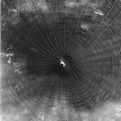 Intricate spiderweb displaying a stunning geometric design, captured in high contrast monochrome.