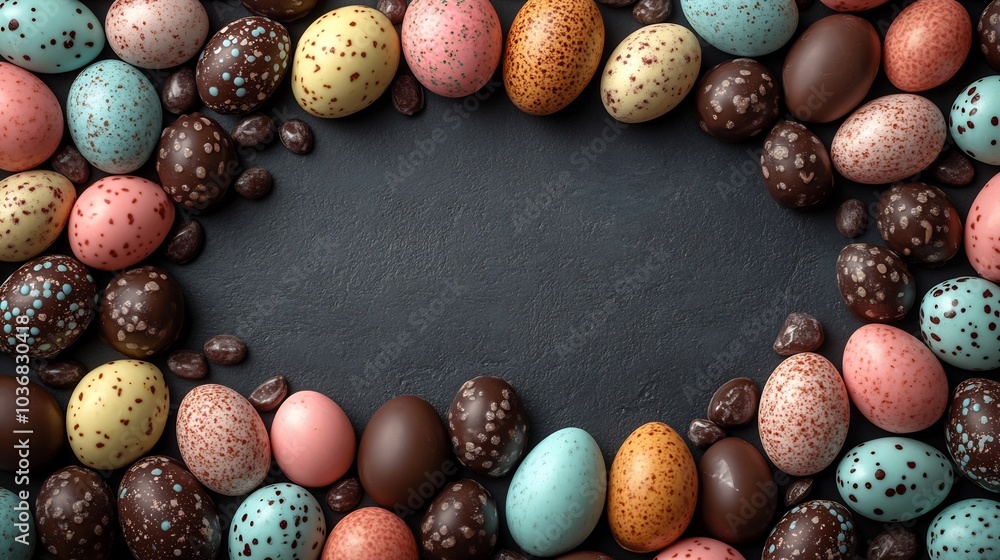 Poster colorful robin's eggs chocolate eggs create a whimsical easter frame from a topdown view leaving the