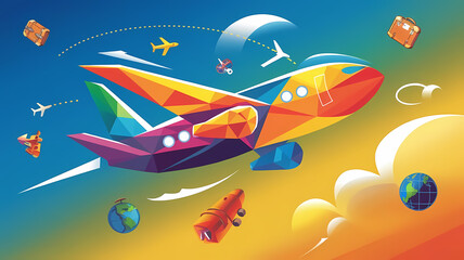 Colorful geometric airplane soaring through the sky, surrounded by clouds, suitcases, and travel icons. Perfect for travel themes.
