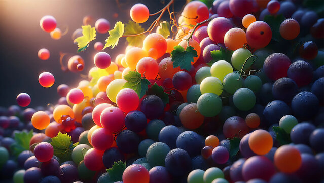 Vibrant Cluster of Dew-Kissed Grapes in Colorful Bokeh Lighting