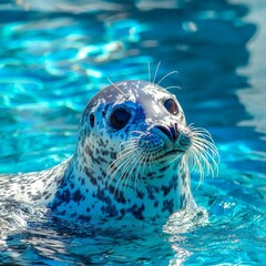 Fototapeta premium Close-up of a spotted seal swimming gracefully in vibrant turquoise water.