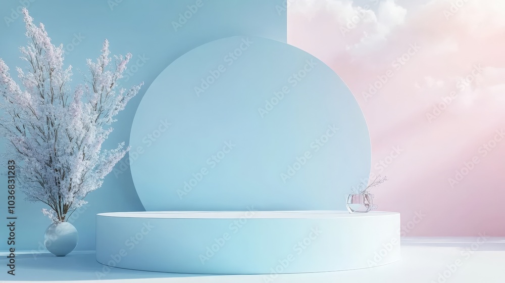 Poster trendy 3d render of a minimal scene with a podium and an abstract pastel blue and white background