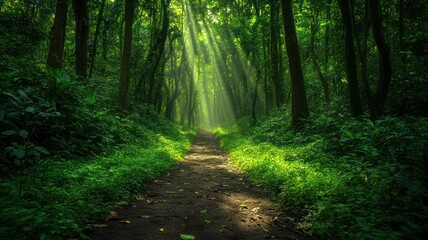 Obraz premium Lush forest path illuminated by sunlight.