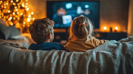 A little boy and girl cuddled up on a couch with blankets, watching their favorite show on a flat-screen TV, with a modern living room decor and dimmed lighting for a movie night fee