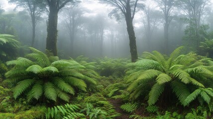 Obraz premium Lush forest shrouded in mist with ferns.
