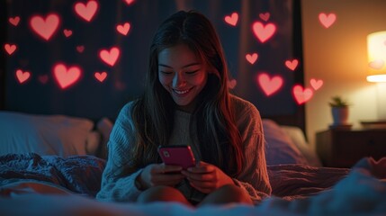 A teenage girl sitting on her bed, smiling brightly as she looks at her phone, with glowing heart icons floating around her, creating a cheerful and playful atmosphere.