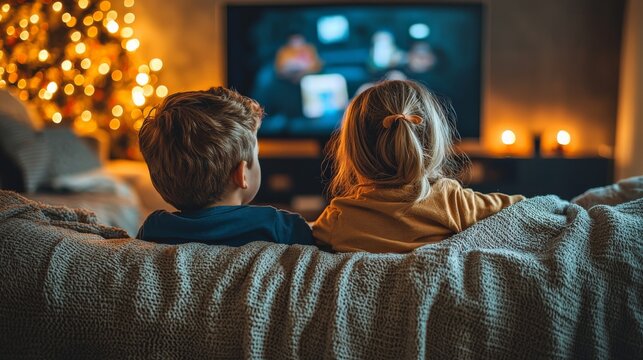 A little boy and girl cuddled up on a couch with blankets, watching their favorite show on a flat-screen TV, with a modern living room decor and dimmed lighting for a movie night fee