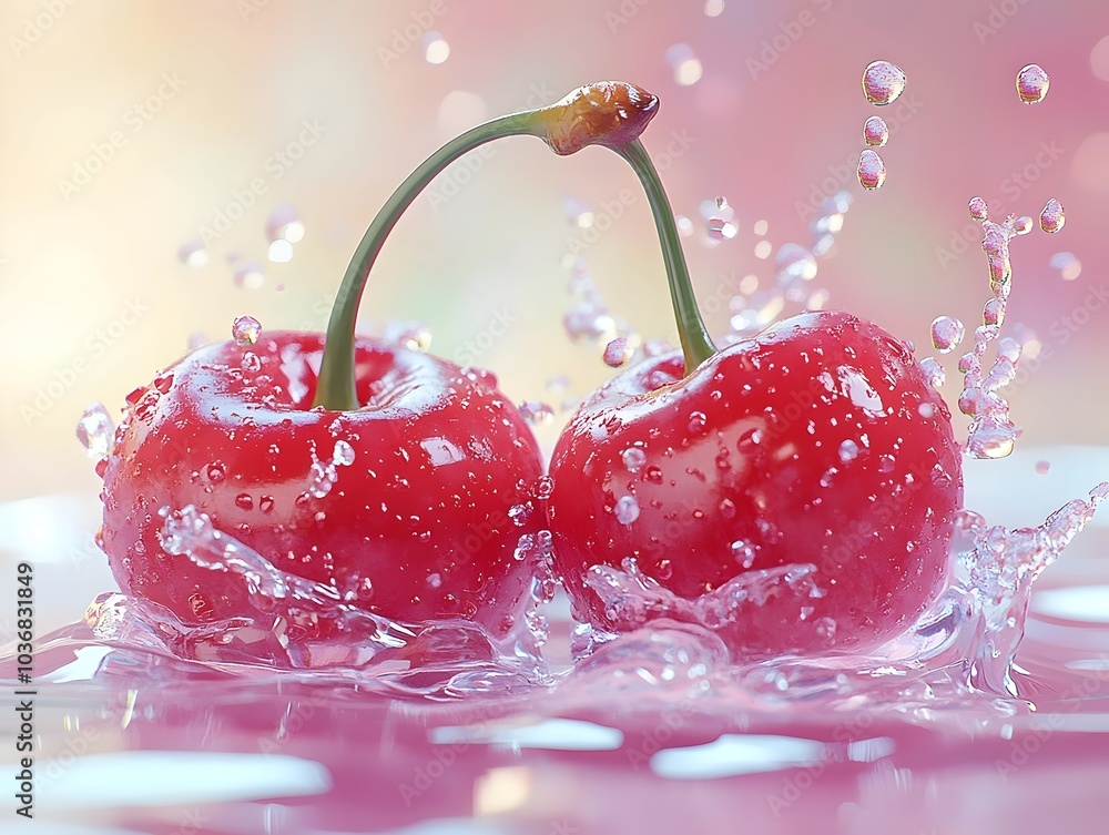 Poster two vibrant red cherries with droplets, splashing in water. their glossy surface and bright green st