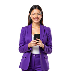 Smiling Businesswoman in Purple Suit Holding Smartphone.