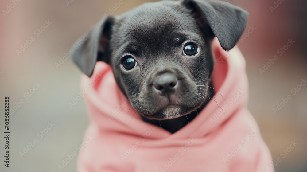 Wall mural a small puppy in a pink sweatshirt looking directly at the camera