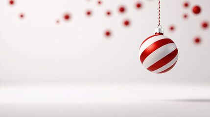 Fototapeta premium A striking red and white striped Christmas ornament suspended gracefully against a clean minimalist backdrop evoking festive cheer and holiday spirit