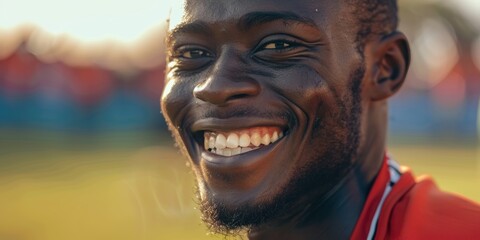 Confident and motivated male soccer player smiling on the field during training, showcasing pride and happiness in pursuit of victory