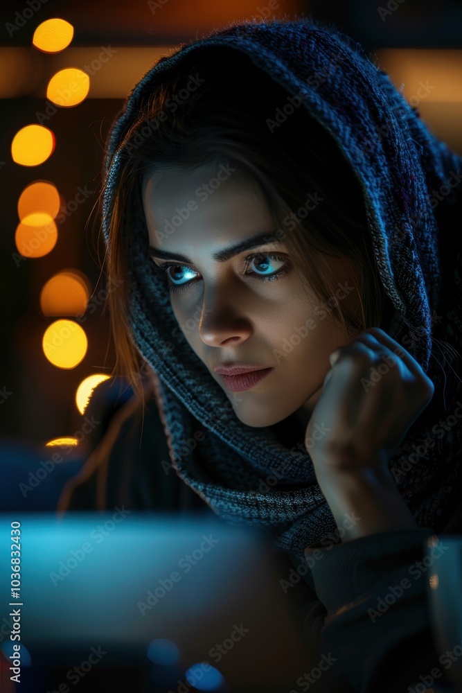 Poster woman coding at night with coffee, brainstorming cybersecurity concepts related to data phishing and